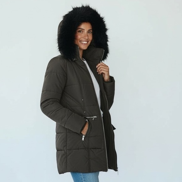 Jones New York Jackets & Blazers - Jones New York Dark Brown Puffer Coat with Faux Fur Hood
